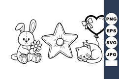 Cute Line Art Bunny &amp; Sleeping Kitten Coloring Page Product Image 1
