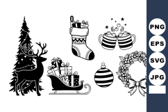 Festive Black and White Line Art Christmas Reindeer Set Product Image 1