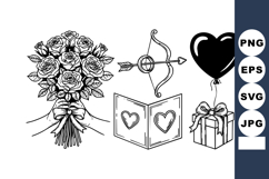 Valentine Line Art Bundle - Roses, Cupid, Balloon, Gift Box Product Image 1