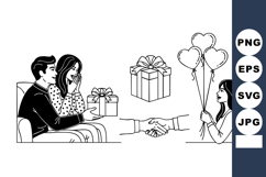 Line Art Valentine Couple Gift &amp; Balloons Vector Set Product Image 1