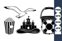 Black White Beach Vector Set: Seagull, Sandcastle, Popcorn Product Image 1