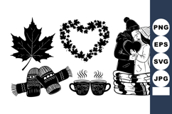 Monochrome flat winter couple kissing with heart and leaves Product Image 1