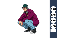 Young man in purple jacket wearing headphones and green cap Product Image 1