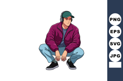 Young man squatting in casual outfit with headphones wearing Product Image 1