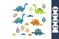 Cartoon style colorful dinosaurs with prehistoric plants and Product Image 1
