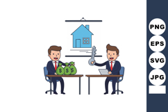 Businessmen negotiating house sale with money bags and key i Product Image 1