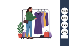 Woman Choosing Purple Dress Casual Shopping Scene with Shopp Product Image 1