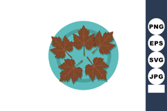 Five brown autumn maple leaves arranged in circle on turquoi Product Image 1