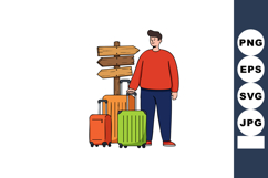 Man with colorful suitcases standing near wooden direction s Product Image 1