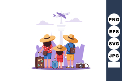 Family of tourists with luggage and hats traveling near city Product Image 1