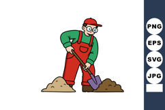 Worker in red overalls and green shirt digging soil with sho Product Image 1