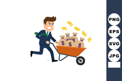 Man in Suit Pushing Wheelbarrow Full of Money Bags and Flyin Product Image 1