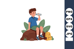 Boy drinking water sitting on rock with backpack and green l Product Image 1
