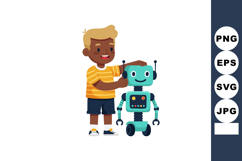 Boy playing with friendly smiling blue robot toy in casual o Product Image 1