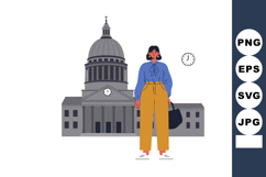 Woman standing in front of classical building with clock in Product Image 1