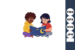 Two children reading a blue book with moon and star symbols Product Image 1