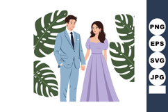 Couple holding hands with tropical leaves background in past Product Image 1