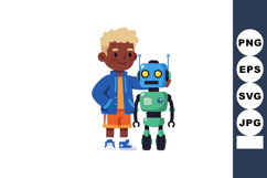 Boy standing with friendly blue and green robot toy in casua Product Image 1