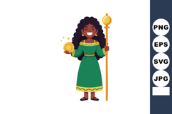 African woman holding golden coin and staff illustration wit Product Image 1
