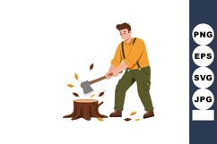Man chopping wood with axe outdoors autumn leaves falling ve Product Image 1