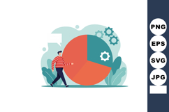 Man walking near large pie chart with gears and speech bubbl Product Image 1