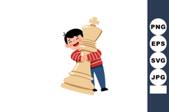 Boy Hugging Giant Beige Chess King Piece Playing Strategy Ga Product Image 1