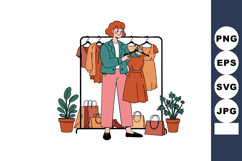 Woman choosing orange dress from rack with shopping bags and Product Image 1