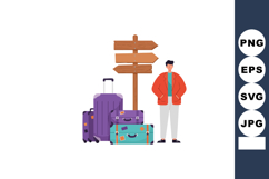 Male tourist standing near wooden signpost with colorful sui Product Image 1