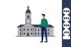Man Standing Near Historic Clock Tower Building Vector Illus Product Image 1