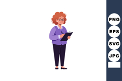 Woman with curly hair and glasses writing on clipboard in ca Product Image 1