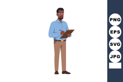 Man writing on clipboard wearing blue shirt and beige pants Product Image 1