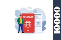 Man standing next to large red passport and travel ticket il Product Image 1