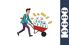 Businessman pushing wheelbarrow full of money bags with flyi Product Image 1