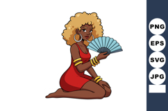 Woman with curly blonde hair holding blue fan wearing red dr Product Image 1