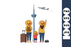 Family sightseeing at tall tower with airplane flying overhe Product Image 1