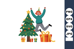 Happy person jumping near decorated Christmas tree with gift Product Image 1