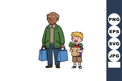 Elderly man and young boy carrying groceries together in cas Product Image 1