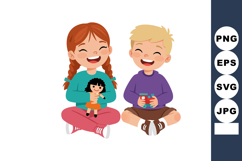 Happy children playing with toys sitting cross-legged smilin Product Image 1