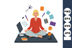 Woman meditating at desk surrounded by office supplies and t Product Image 1