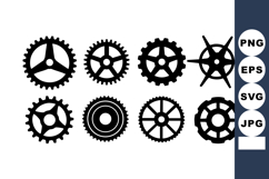 Set of Eight Black Gear Wheel Silhouettes Vector Product Image 1