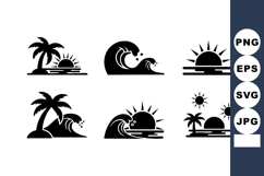 Beach Sunset Wave Palm Tree Island Vector Set Product Image 1