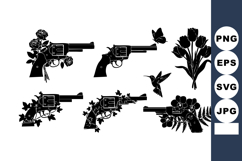 Vintage Revolver Pistols Floral Bird Silhouettes Vector Product Image 1