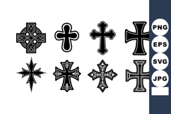 Set of Eight Black Different Cross Religious Symbols Vector Product Image 1