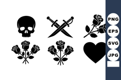 Skull Crossed Swords Roses Heart Silhouettes Product Image 1