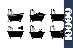 Bathtub Shower Bathroom Icon Set Black Silhouette Product Image 1
