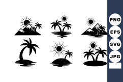 Tropical Island Palm Trees Sun Silhouette Icons Set Product Image 1