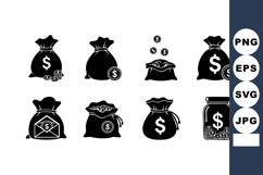 Money Bag Icons Set Coins Dollar Currency Savings Product Image 1