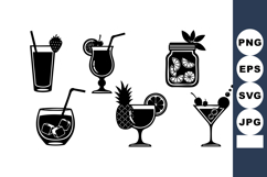 Black Silhouette Cocktail Drinks With Fruits Vector Product Image 1