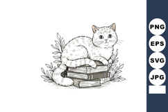 Cat resting on stack of books with leaves around hand drawn Product Image 1