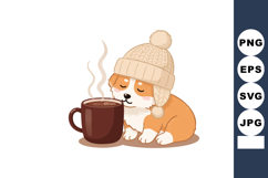 Cute corgi puppy wearing winter hat enjoying hot coffee cup Product Image 1